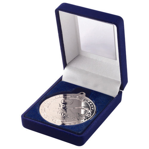 Blue Velvet Box And 50Mm Medal Swimming Trophy Silver - 3.5In