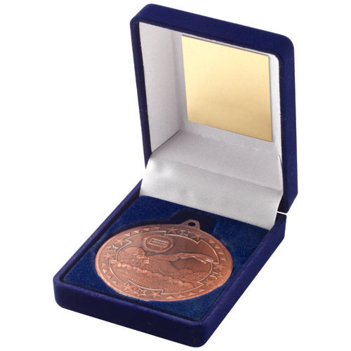 Blue Velvet Box And 50Mm Medal Swimming Trophy Bronze - 3.5In