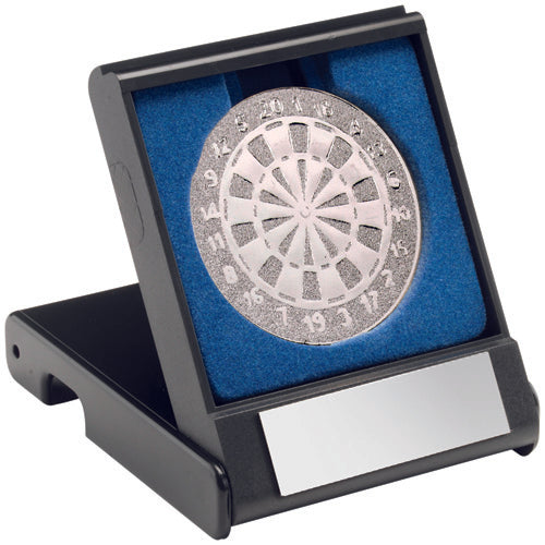 Black Plastic Box With Darts Insert Trophy Silver - 3.5In