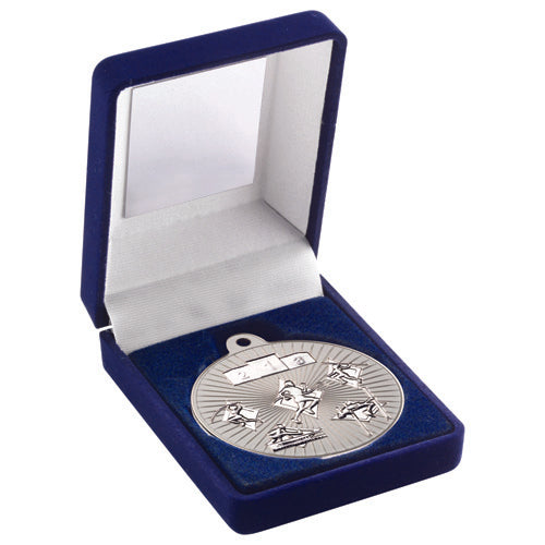 Blue Velvet Box And 50Mm Multi Athletics Medal Trophy Matt Silver/Silver - 3.5In