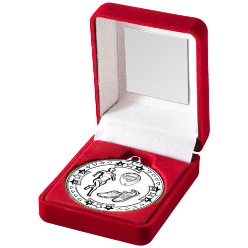 Red Velvet Box And 50Mm Medal Running Trophy Silver - 3.5In