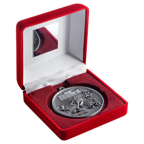 Red Velvet Box And 60Mm Medal Athletics Trophy Antique Silver - 4In