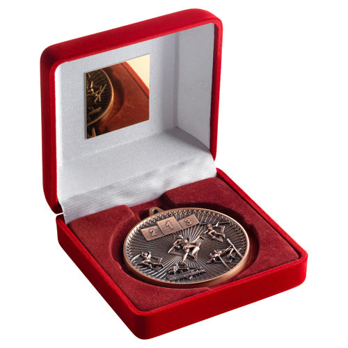 Red Velvet Box And 60Mm Medal Athletics Trophy Bronze - 4In