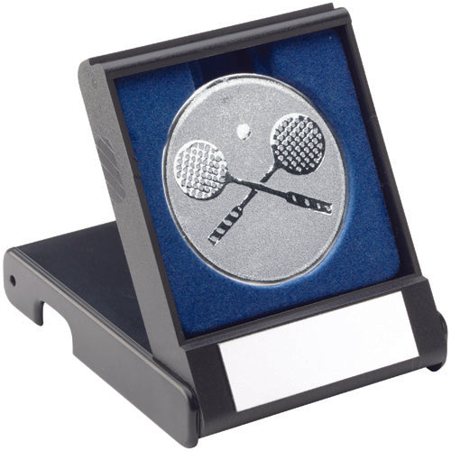 Black Plastic Box With Squash Insert Trophy Silver - 3.5In