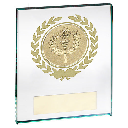 Jade Glass Block With Gold Wreath 12Mm Thick With Plate (2In Centre) - 4 X 5In