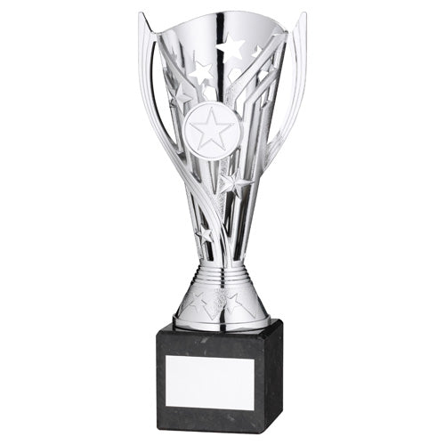 Silver Plastic 'Flash' Cup On Black Marble Assembled Trophy (1" Cen) - 6.75In