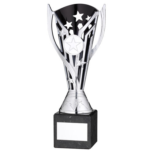 Silver/Blk Plastic 'Flash' Cup On Blk Marble Assembled Trophy (1" Cen) - 6.75In