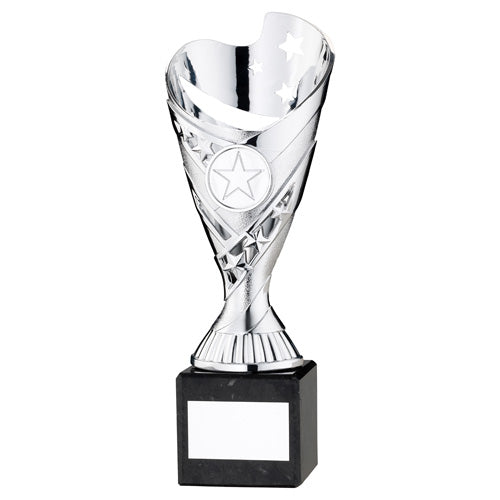 Silver Plastic 'Sabre' Cup On Black Marble Assembled Trophy (1" Cen) - 6.75In