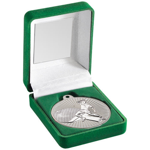 Green Velvet Box And 50Mm Table Tennis Medal Trophy Matt Silver/Silver - 3.5In