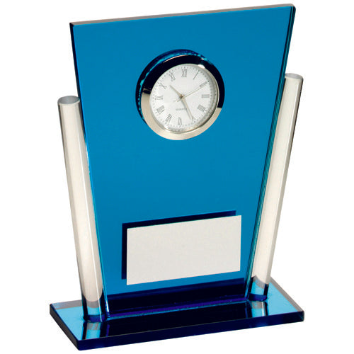 Blue/Clear Glass Tapered Rectangle Clock With Plate - 5.25In