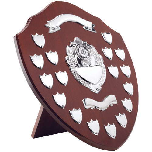 Mahogany Shield With Chrome Fronts And 17 Record Shields (1in Centre) - 16In