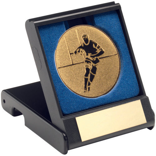 Black Plastic Box With Rugby Insert Trophy Gold - 3.5In