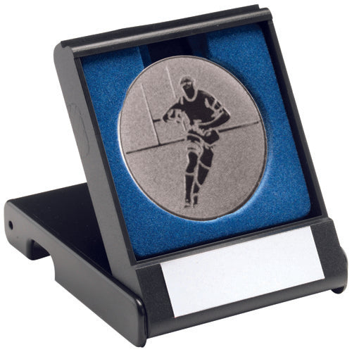 Black Plastic Box With Rugby Insert Trophy Silver - 3.5In