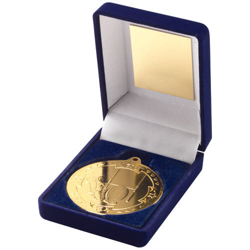 Blue Velvet Box And 50Mm Medal Rugby Trophy Gold - 3.5In