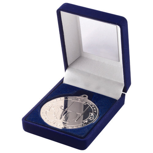 Blue Velvet Box And 50Mm Medal Rugby Trophy Silver - 3.5In