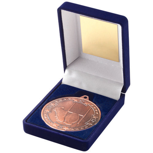 Blue Velvet Box And 50Mm Medal Rugby Trophy Bronze - 3.5In