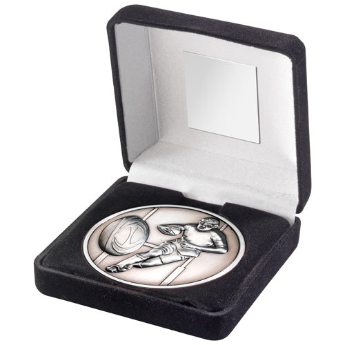 Black Velvet Box And 70Mm Medallion Rugby Trophy Antique Silver - 4In