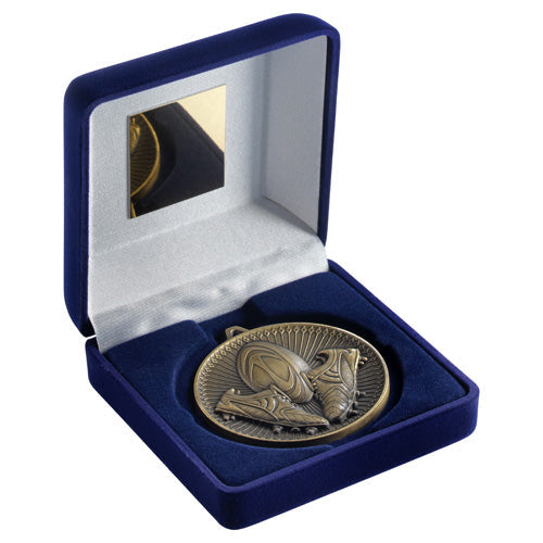 Blue Velvet Box And 60Mm Medal Rugby Trophy Antique Gold - 4In