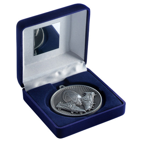 Blue Velvet Box And 60Mm Medal Rugby Trophy Antique Silver - 4In