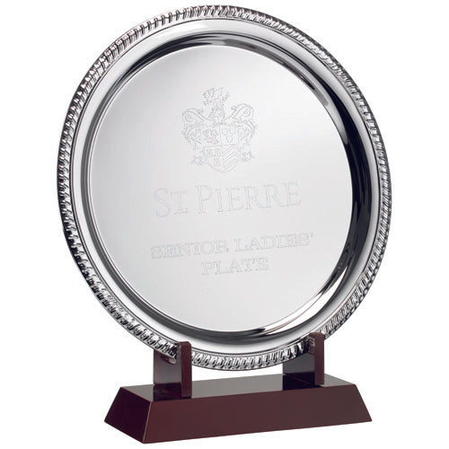 Silver Plated 'Rope' Salver (10") On Wooden Stand - 11.5In