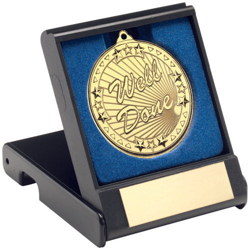 Black Plastic Box With 50Mm Gold Well Done Medal Trophy - 3.5In