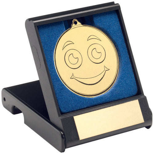 Black Plastic Box With 50Mm Gold Smiley Face Medal Trophy - 3.5In