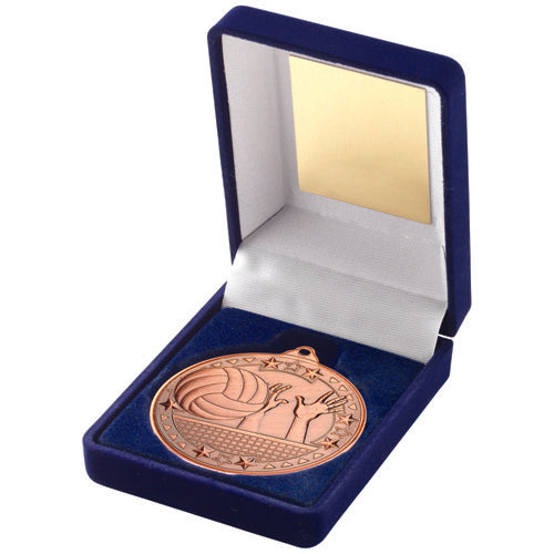 Blue Velvet Box And 50Mm Medal Volleyball Trophy Bronze - 3.5In