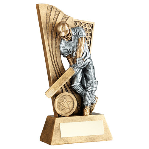 Brz/Pew Male Cricket Batsman On Backdrop With Plate (1in Centre) - 6In