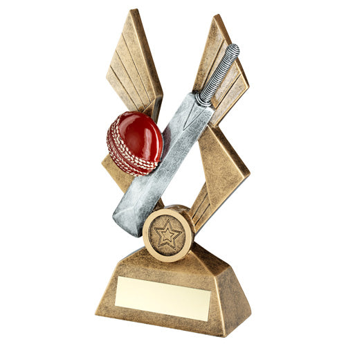 Brz/Pew/Red Cricket Ball And Bat On Pointed Backdrop With Plate (1in Cen) - 10In