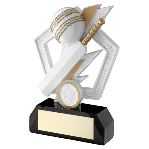 White/Gold/Black Cricket Bat And Ball On Pentagon With Plate (1in Cen) - 7.75"