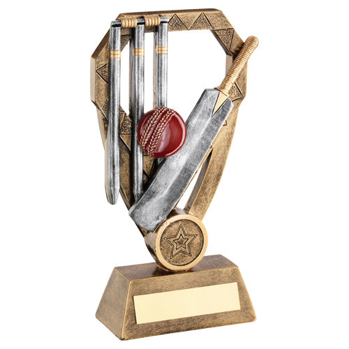 Brz/Pew/Gold Cricket Bat With Ball & Stumps On Diamond With Plate (1" Cen) - 6"