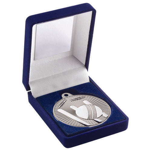 Blue Velvet Box And 50Mm Cricket Medal Trophy Matt Silver/Silver - 3.5In