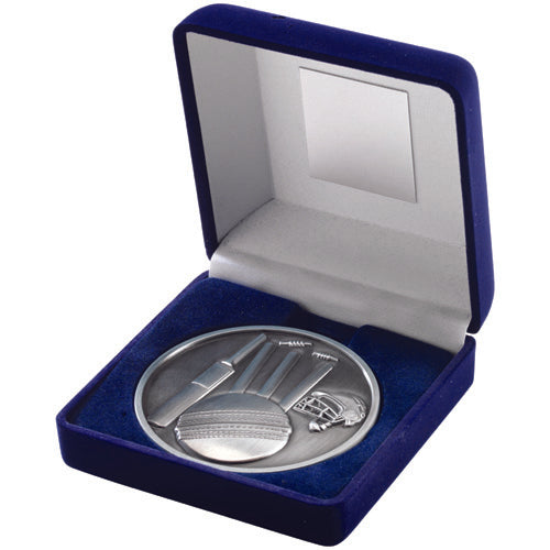 Blue Velvet Box And 70Mm Medallion Cricket Trophy Antique Silver - 4In