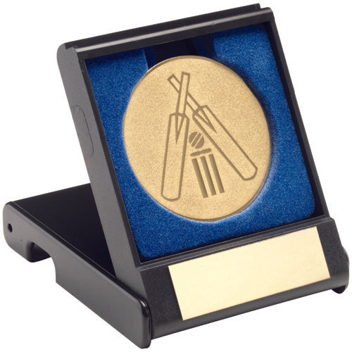 Black Plastic Box With Cricket Insert Trophy Gold - 3.5In