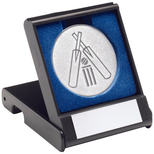 Black Plastic Box With Cricket Insert Trophy Silver - 3.5In