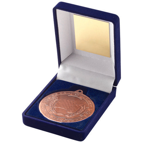 Blue Velvet Box And 50Mm Medal Motor Sport Trophy Bronze - 3.5In