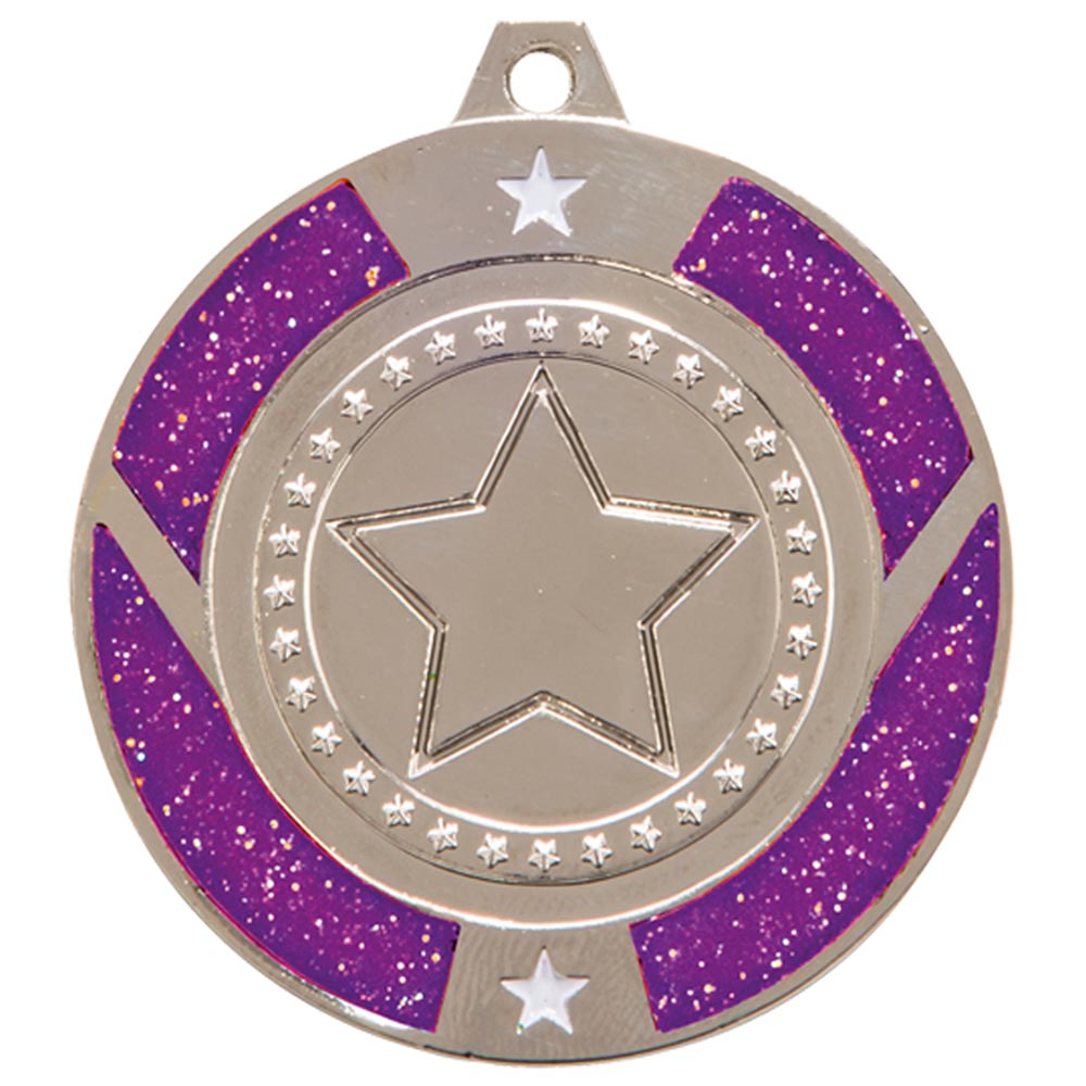 Glitter Star Medal Silver & Purple 50mm