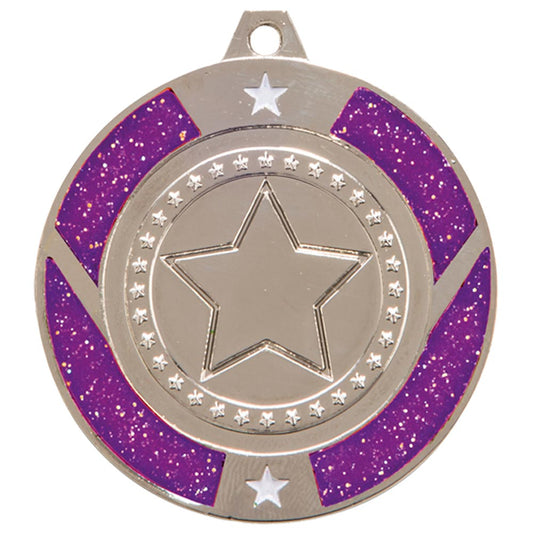 Glitter Star Medal Silver & Purple 50mm