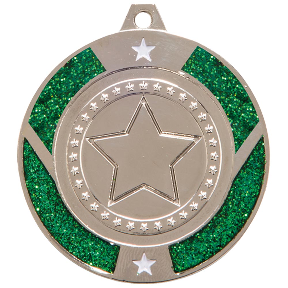 Glitter Star Medal Silver & Green 50mm