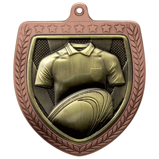 Cobra Rugby Shirt & Ball Shield Medal Bronze 75mm