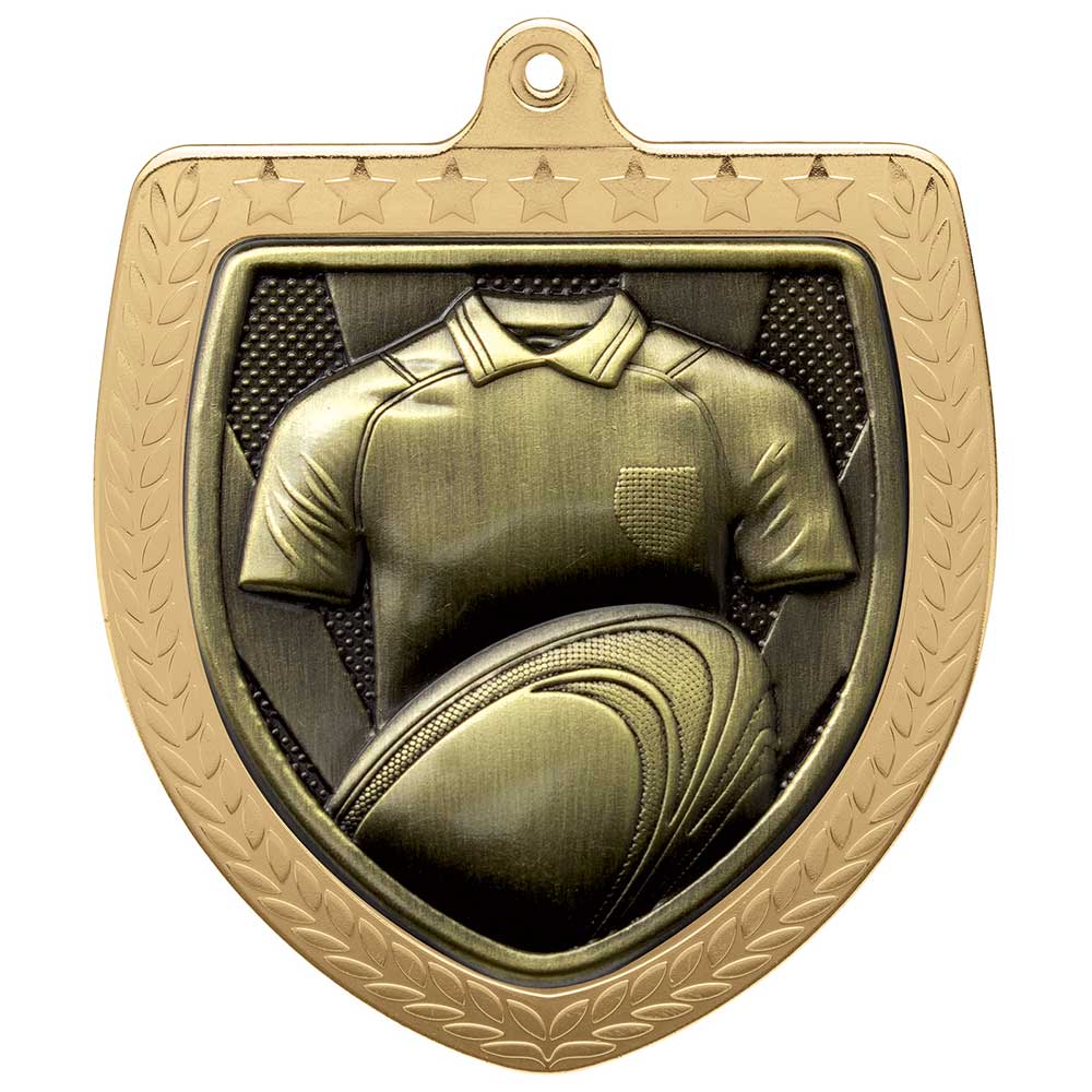 Cobra Rugby Shirt & Ball Shield Medal Gold 75mm