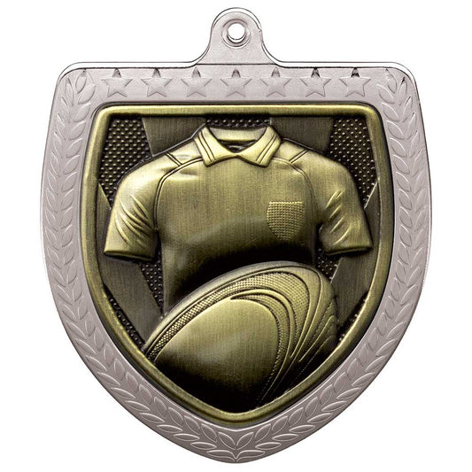 Cobra Rugby Shirt & Ball Shield Medal Silver 75mm