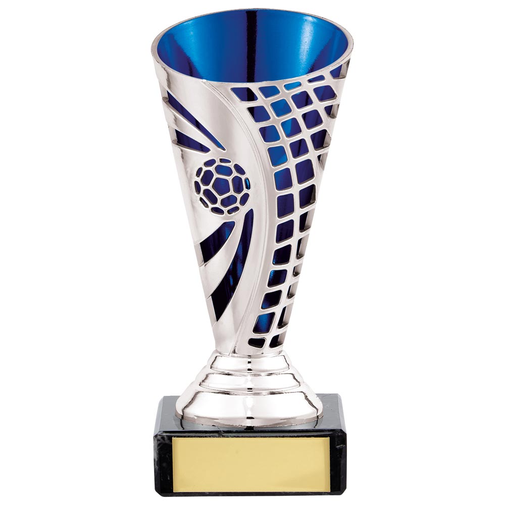 Defender Football Trophy Cup Silver & Blue 140mm