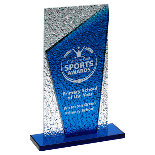 Blue Glass Plaque And Base With Clear Frosted Backdrop - 9.75In