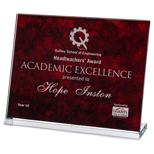 Red Marble Backed Clear Glass Landscape Plaque - 7.5 X 9.5In